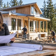 Oregon builder and homeowner reviewing plans for a new home