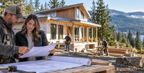 Oregon builder and homeowner reviewing plans for a new home