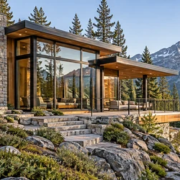 Modern mountain home combines stone, timber, and glass with a forest and alpine lake setting.