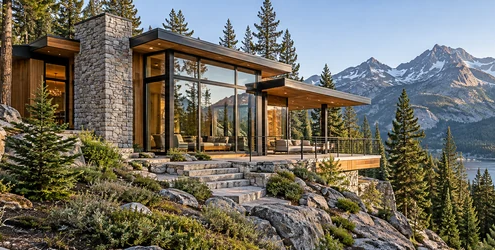 Modern mountain home combines stone, timber, and glass with a forest and alpine lake setting.