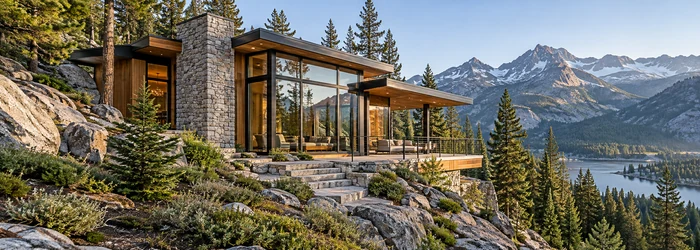 Modern mountain home combines stone, timber, and glass with a forest and alpine lake setting.
