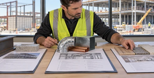 A construction estimator compares separate project scope packages for structure, mechanical systems, and finishes before pricing a commercial build.