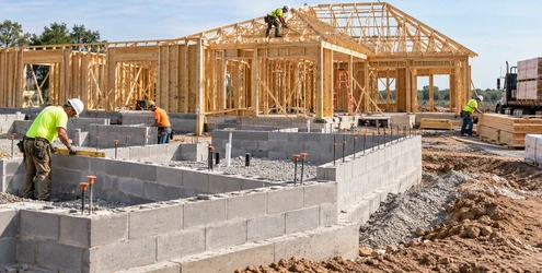 Builders progress from a concrete masonry foundation to timber framing while materials are checked on site.
