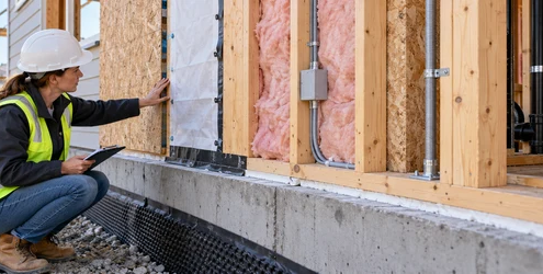 Engineer checks a framed wall assembly with insulation, weather barrier and services above a concrete foundation.