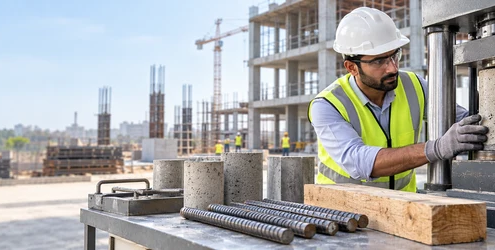 Engineer tests a concrete cylinder in a compression frame while comparing steel and timber samples to assess construction material strength.
