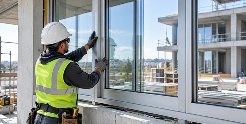 Installer fits an aluminum-framed window in a building under construction.