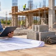 Construction estimator checks building plans beside concrete block, rebar, sand, and cement quantities to reduce waste.
