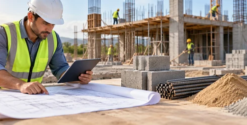 Construction estimator checks building plans beside concrete block, rebar, sand, and cement quantities to reduce waste.