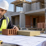 Construction inspector compares aggregate, brick, and insulation samples with project plans at a building site.