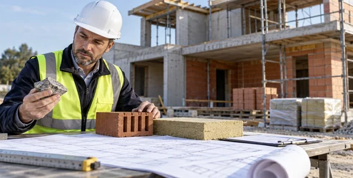 Construction inspector compares aggregate, brick, and insulation samples with project plans at a building site.