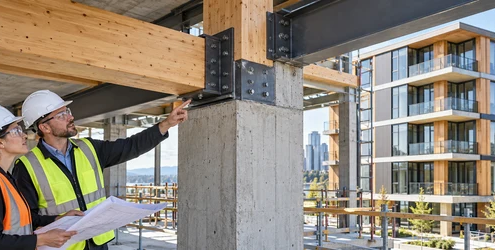 Engineers inspect a hybrid steel, timber and concrete frame for composite building construction.