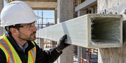 Engineer inspects exposed glass fiber strands and a bolted FRP structural beam connection on a concrete building support.
