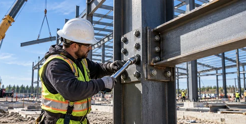 Steel erector tightens a bolted beam-to-column connection in a building frame under construction.