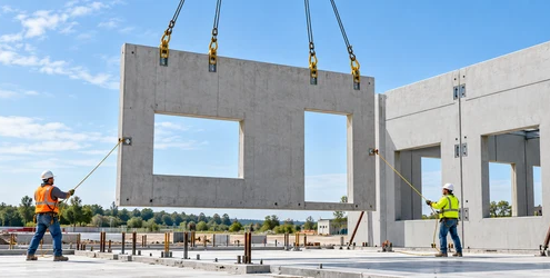 Crane lowers a precast concrete wall panel while workers guide it into position from a safe distance.