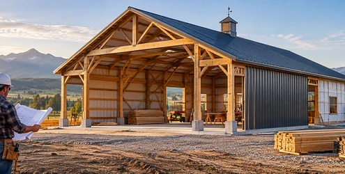 Post-frame pole barn construction with exposed timber supports, metal roof, open bay and builder reviewing plans.