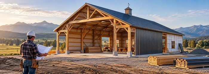 Post-frame pole barn construction with exposed timber supports, metal roof, open bay and builder reviewing plans.