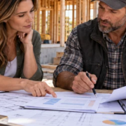 Homeowner and contractor reviewing itemized project costs for a cost-plus contract
