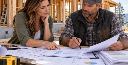Homeowner and contractor reviewing itemized project costs for a cost-plus contract