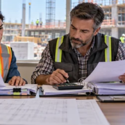 A construction accountant reconciles supplier invoices and tax records with the project manager in a commercial site office.