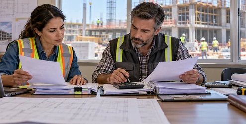 A construction accountant reconciles supplier invoices and tax records with the project manager in a commercial site office.