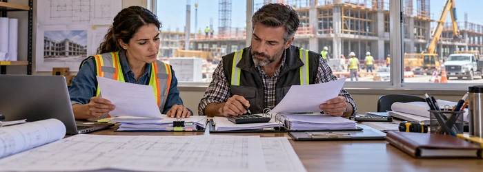 A construction accountant reconciles supplier invoices and tax records with the project manager in a commercial site office.