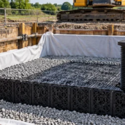 A geotextile-lined soakaway pit with drainage aggregate, modular crates, inlet pipe, and inspection riser under construction.
