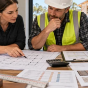 Construction estimator and site manager calculate a house cost from measured plans, a labor schedule, supplier quotes, and material samples
