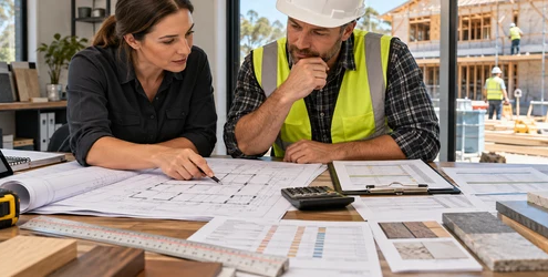 Construction estimator and site manager calculate a house cost from measured plans, a labor schedule, supplier quotes, and material samples