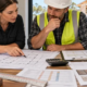 Construction estimator and site manager calculate a house cost from measured plans, a labor schedule, supplier quotes, and material samples
