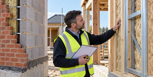 Inspector compares brick, timber-frame and steel-frame wall sections at a residential construction site.