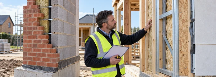 Inspector compares brick, timber-frame and steel-frame wall sections at a residential construction site.