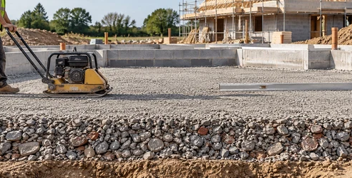 Compacted hardcore crushed-stone base being prepared beneath a new building foundation