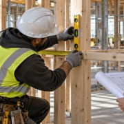 A carpenter measures timber framing with a spirit level while a site supervisor checks the construction drawing.