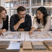 Construction team comparing building layout options, material samples and a project model