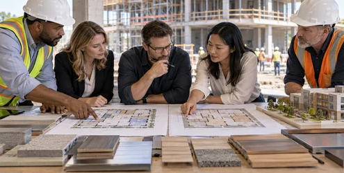 Construction team comparing building layout options, material samples and a project model