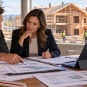 A builder and lender representative review a construction budget and loan draw schedule in a project site office.