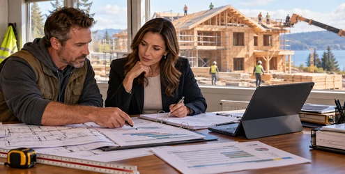 A builder and lender representative review a construction budget and loan draw schedule in a project site office.