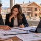 A builder and lender representative review a construction budget and loan draw schedule in a project site office.