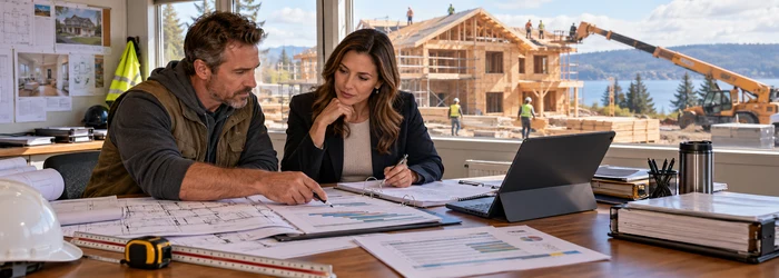 A builder and lender representative review a construction budget and loan draw schedule in a project site office.