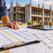 Quantity surveyor checks a bill of quantities against architectural plans and tender costs on an active construction site