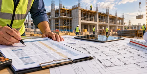 Quantity surveyor checks a bill of quantities against architectural plans and tender costs on an active construction site