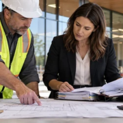 An owner representative and contractor accountant reconcile final invoices, change records, and as-built plans at a completed commercial building.