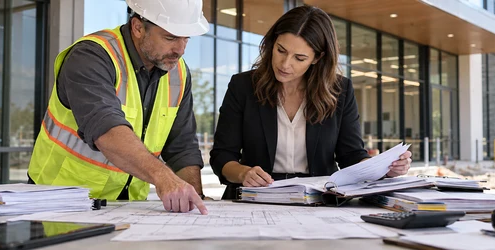 An owner representative and contractor accountant reconcile final invoices, change records, and as-built plans at a completed commercial building.