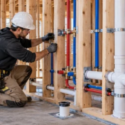 A plumber installs supported supply and drain lines through open house framing before the walls are closed.