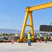 Workers guide a bundled steel-bar load lifted by an overhead gantry hoist inside a marked exclusion zone.
