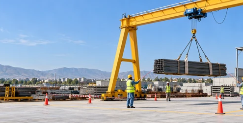 Workers guide a bundled steel-bar load lifted by an overhead gantry hoist inside a marked exclusion zone.