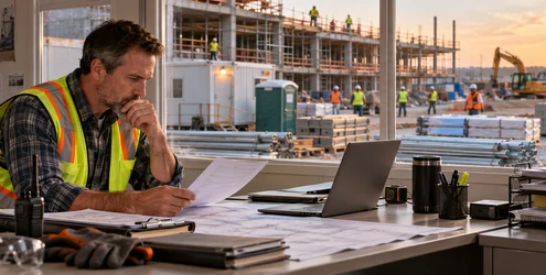 A project manager reviews site-office, temporary utility, and safety supply expenses while construction work continues outside.