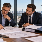 An architect, engineer, and client examine design drawings and professional liability insurance records before construction.