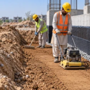 Workers compact a soil backfill lift beside a waterproofed foundation wall with a drainage layer.