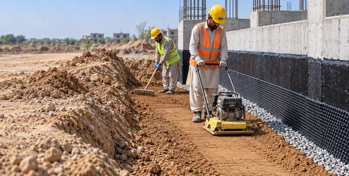 Workers compact a soil backfill lift beside a waterproofed foundation wall with a drainage layer.